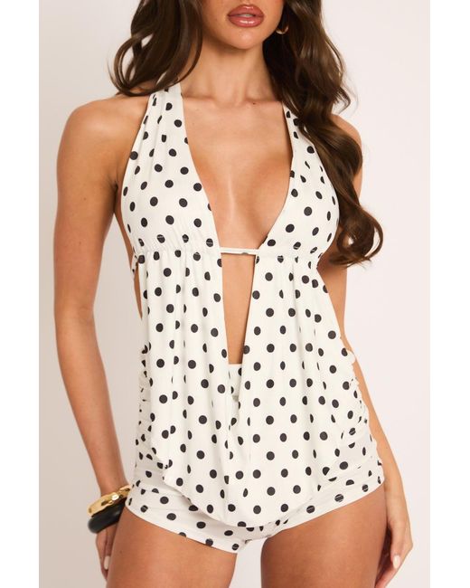 Rebellious Fashion White Plunge Cowl Top & Micro Short Co-Ord Set