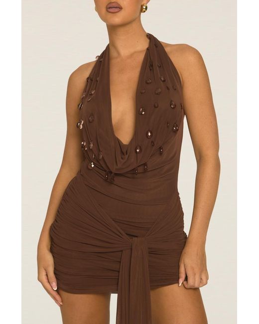 Rebellious Fashion Brown Beaded Cowl Mini Dress