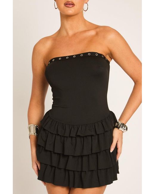 Rebellious Fashion Black Eyelet Detail Bandeau Frill Mini Dress