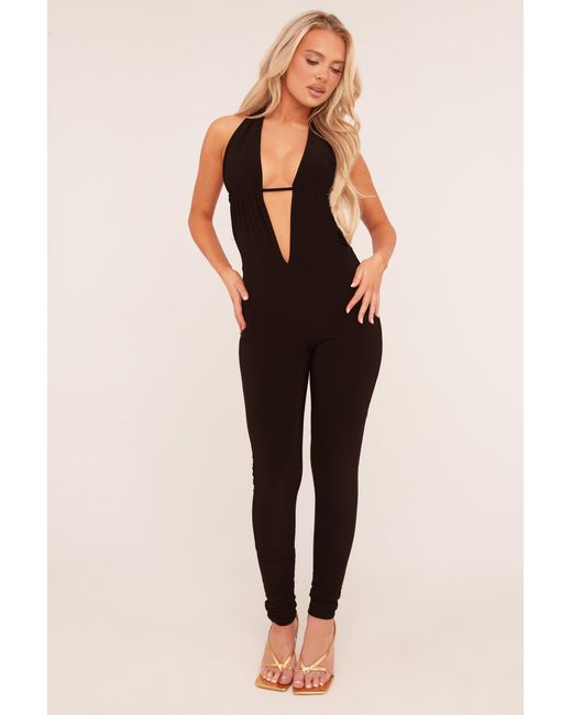 Rebellious Fashion Black Plunge Halter Neck Jumpsuit