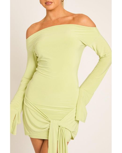 Rebellious Fashion Yellow Long Flared Sleeves Drape Detail Bodycon Mini Dress