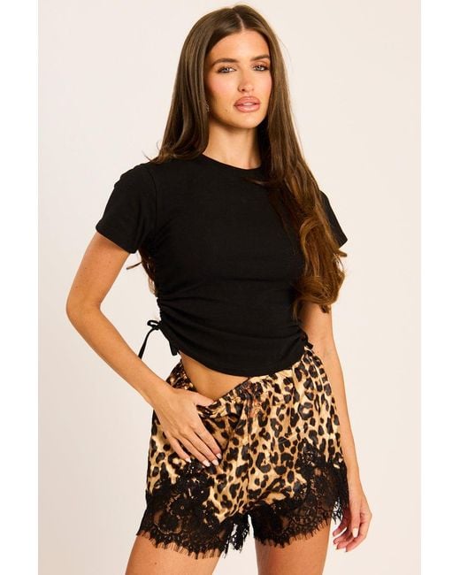 Rebellious Fashion Black Print Satin Lace Trim Shorts
