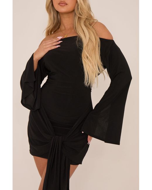 Rebellious Fashion Black Long Flared Sleeves Drape Detail Bodycon Mini Dress
