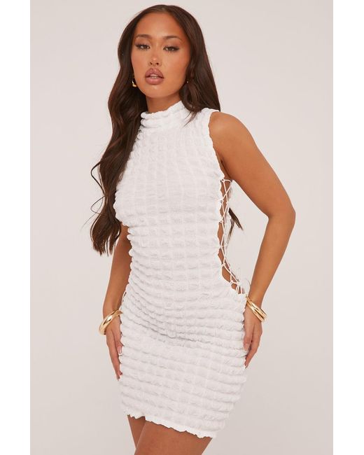 Rebellious Fashion White Waffle Lace Up Detail Mini Dress