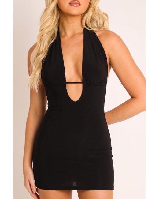 Rebellious Fashion Black Plunge Keyhole Halter Mini Dress