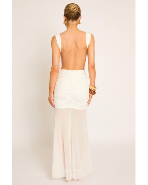 Rebellious Fashion Natural Trim Detail Mesh Overlay Maxi Dress