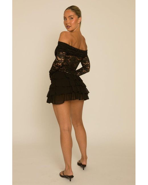 Rebellious Fashion Black Bardot Frill Lace Playsuit