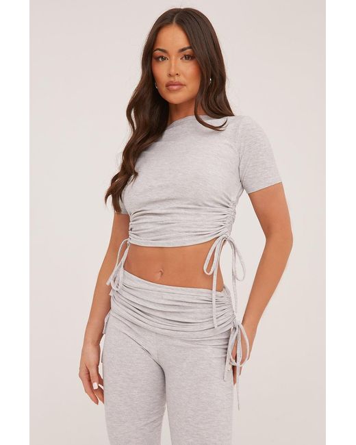 Rebellious Fashion Natural Ruching Detail Cropped Top & Trousers Co-Ord Set
