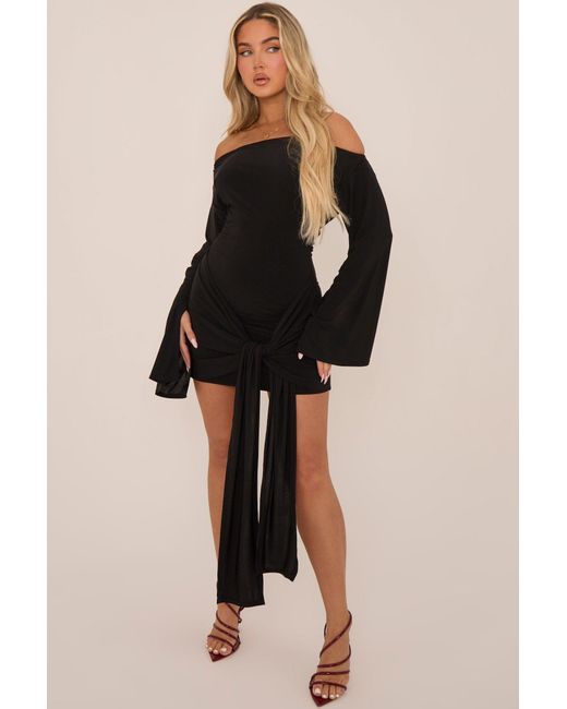 Rebellious Fashion Black Long Flared Sleeves Drape Detail Bodycon Mini Dress
