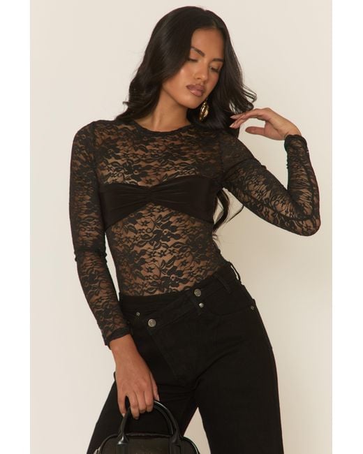 Rebellious Fashion Black Lace Gathered Bust Bodysuit
