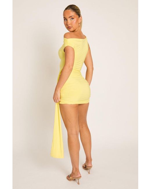 Rebellious Fashion Yellow Slinky Off Shoulder Drape Mini Dress