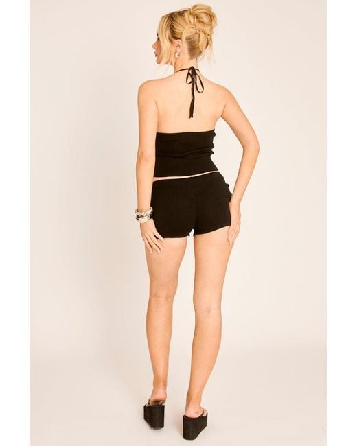 Rebellious Fashion Black Knit Sequin Halter Top And Shorts Set