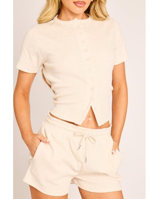 Rebellious Fashion Natural Rib Button Front Top And Short Loungewear Co-Ord Set
