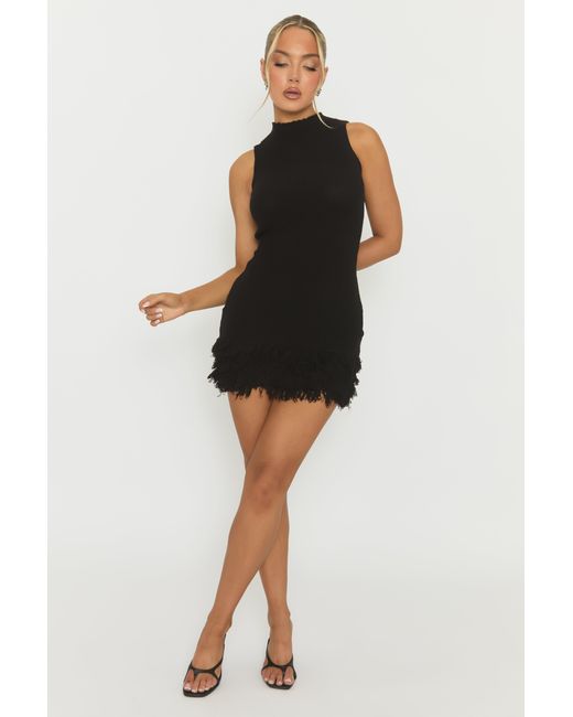 Rebellious Fashion Black Fringed Hem Knit Mini Dress