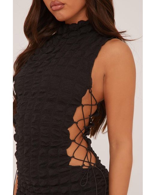 Rebellious Fashion Black Waffle Lace Up Detail Mini Dress
