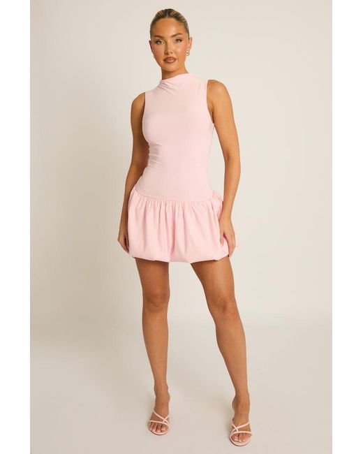 Rebellious Fashion Pink High Neck Puffball Mini Dress