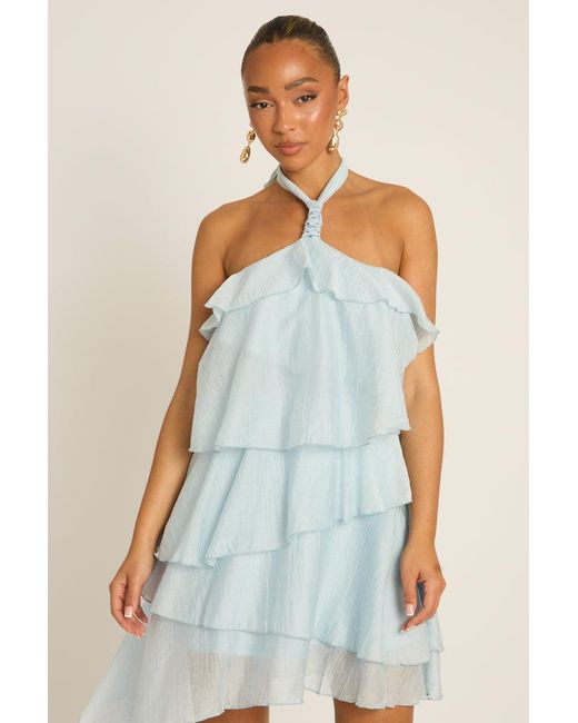 Rebellious Fashion Blue Ruffle Halterneck Mini Dress