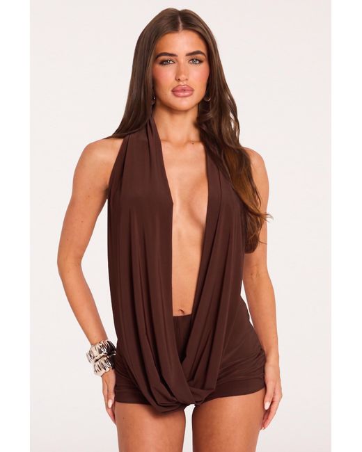 Rebellious Fashion Brown Plunge Top And Micro Shorts Co-Ord Set