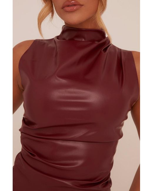 Rebellious Fashion Red Ruched Faux Leather Top