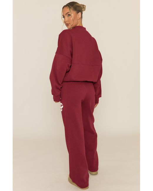 Rebellious Fashion Red Contrast Motif Zip Front Bomber And Joggers Loungewear Co-Ord Set