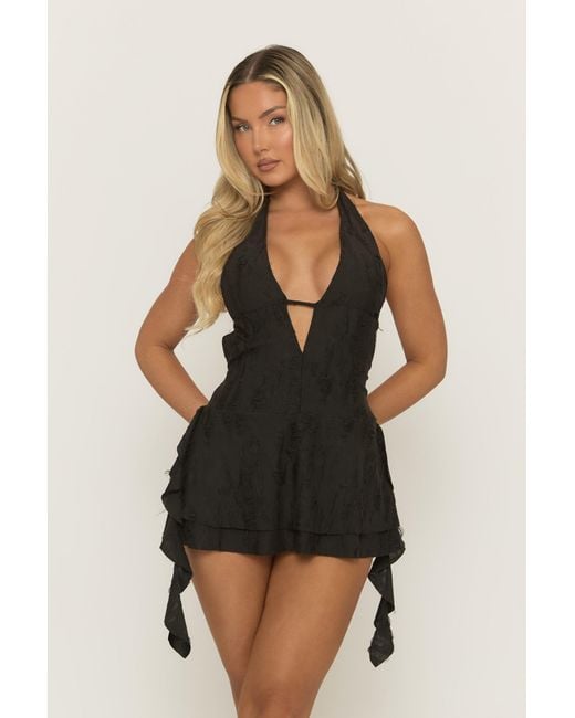 Rebellious Fashion Brown Distressed Plunge Mini Dress