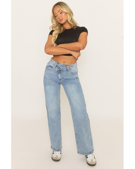 Rebellious Fashion Blue Mid Asymmetric Waist Wide Leg Denim Jeans