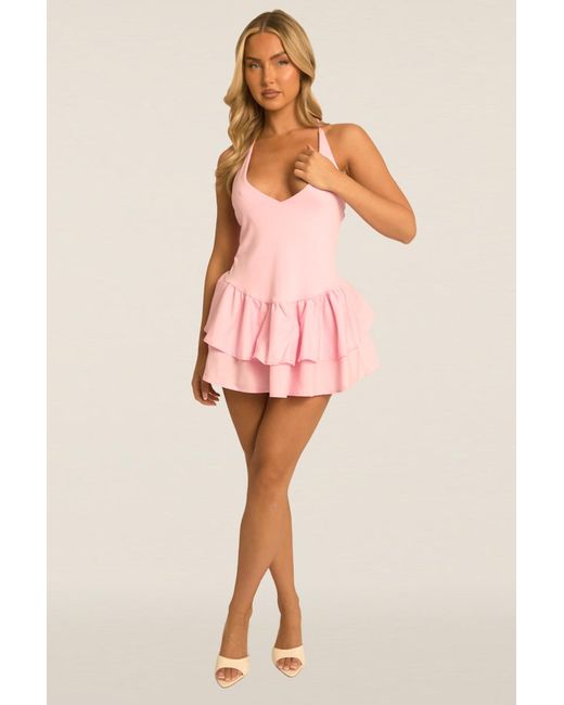 Rebellious Fashion Pink Frill Hem Halterneck Mini Dress