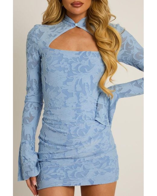 Rebellious Fashion Blue Burnout Floral Flare Sleeve Mini Dress
