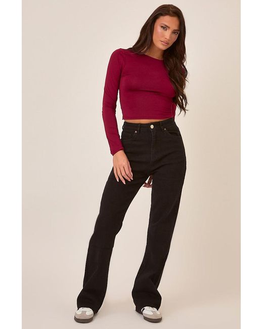 Rebellious Fashion Red Stretch Frayed Hem Straight Leg Jeans
