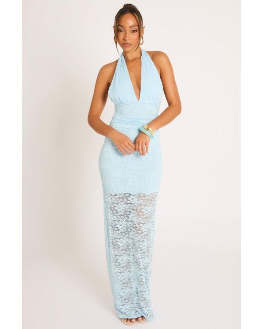 Rebellious Fashion Blue Lace Halter Neck Plunge Tie Back Maxi Dress