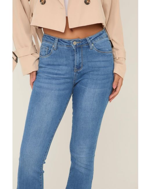 Rebellious Fashion Blue Bright Stretch Mid Waist Kick Flare Denim Jeans