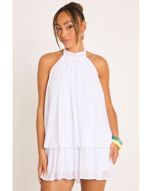 Rebellious Fashion White Halterneck Blouson Mini Dress