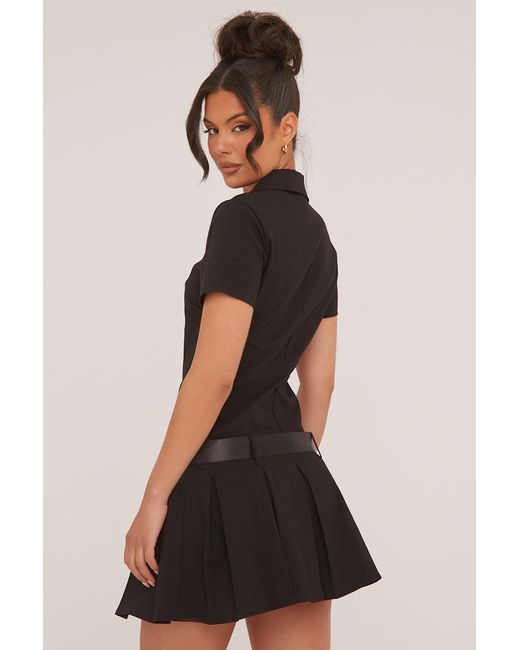 Rebellious Fashion Black Pleated Hem Belt Detail Mini Dress