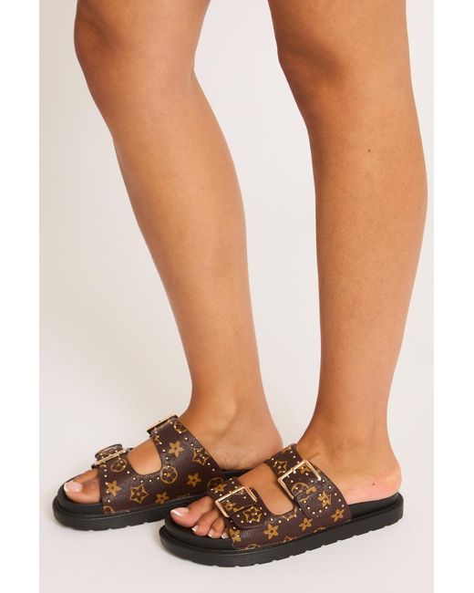 Rebellious Fashion White Faux Leather Logo Monogram Studded Sandals
