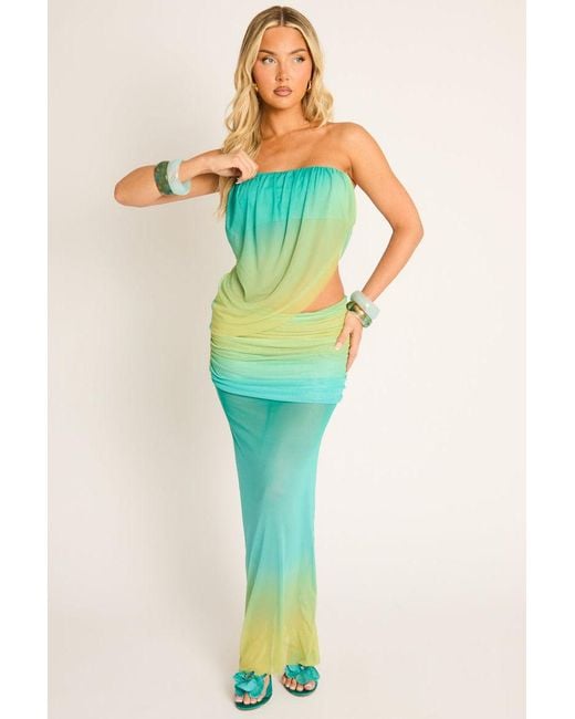 Rebellious Fashion Blue Ombre Printed Bandeau Mesh Overlay Top And Maxi Skirt Co-Ord Set
