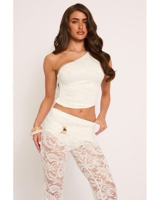 Rebellious Fashion Natural Lace Asymmetric Top And Trousers Co-Ord Set