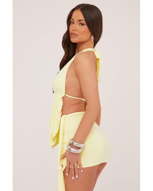 Rebellious Fashion Yellow Plunge Neck Cowl Detail Top & Mini Skirt Co-Ord Set