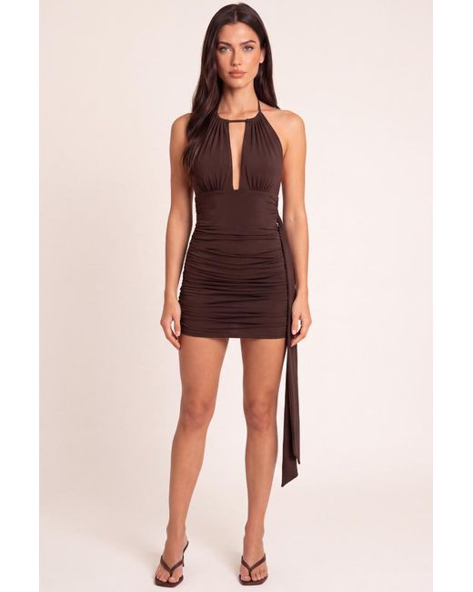 Rebellious Fashion Brown Keyhole Drape Halter Mini Dress