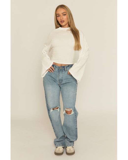 Rebellious Fashion Blue Cinched Waist Long Sleeve Top