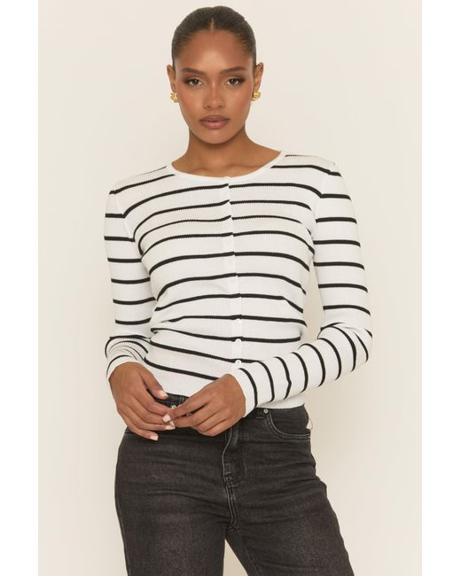 Rebellious Fashion Natural Striped Rib Knit Button Up Top