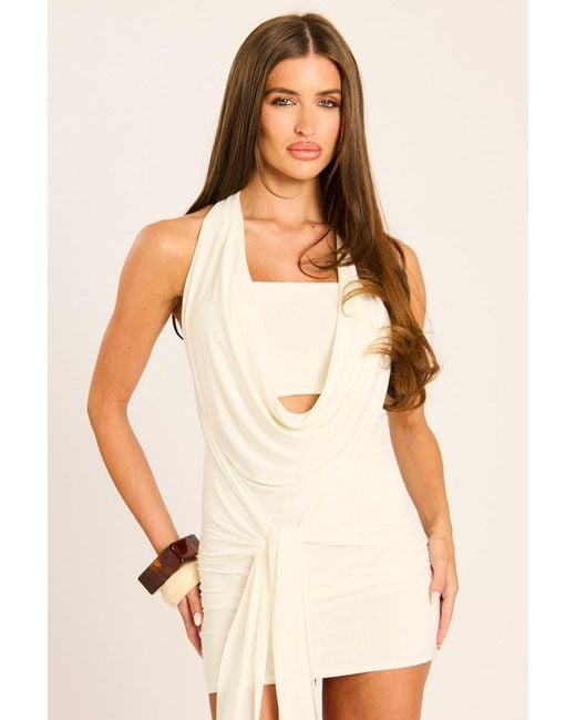 Rebellious Fashion Natural Cowl Neck Drape Mini Dress