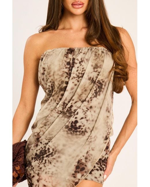 Rebellious Fashion Natural Abstract Print Bandeau Mesh Overlay Mini Dress