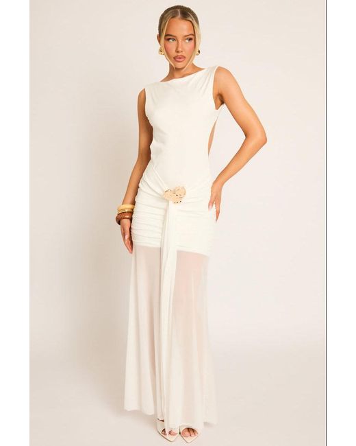 Rebellious Fashion Natural Trim Detail Mesh Overlay Maxi Dress