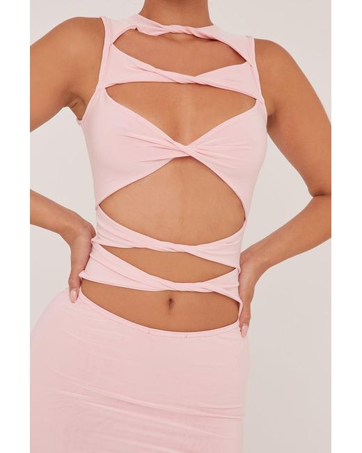 Rebellious Fashion Pink Cut Out Front Bodycon Mini Dress