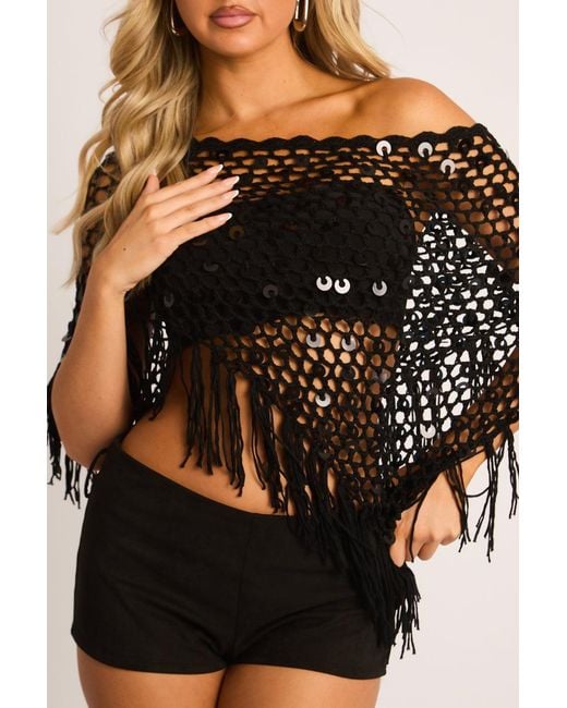 Rebellious Fashion Black Sequin Crochet Shawl