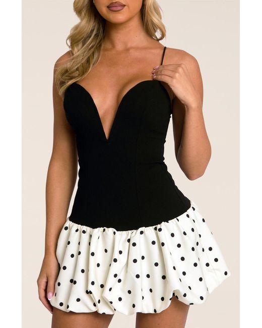 Rebellious Fashion Natural Plunge Polka Dot Puffball Mini Dress