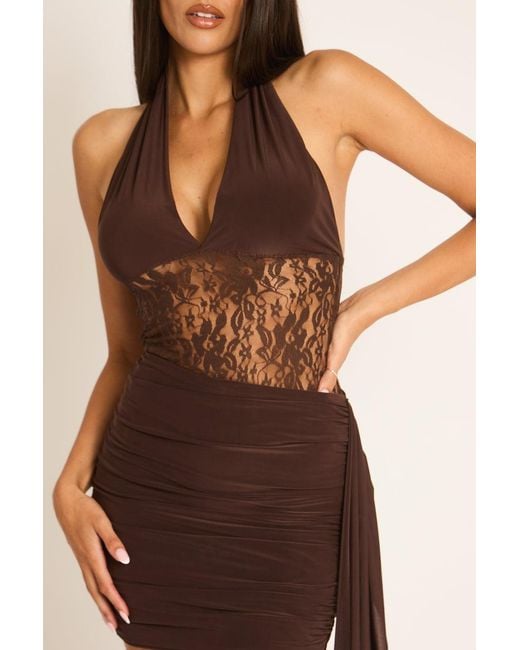 Rebellious Fashion Brown Lace Insert Tie Side Mini Dress