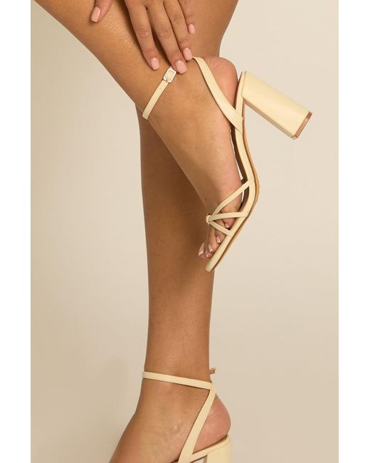 Rebellious Fashion Natural Cream Faux Leather Strappy Block Heels