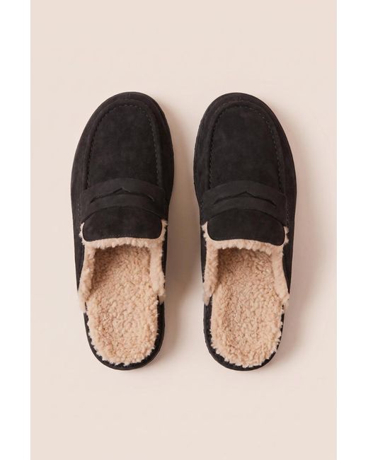Rebellious Fashion Black Faux Suede Faux Fur Lined Loafer Mules