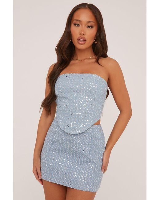 Rebellious Fashion Blue Light Sequin Detail Cropped Top & Mini Skirt Co-Ord Set